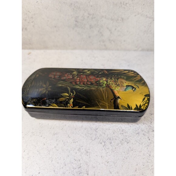 Hand-Painted Russian Lacquer Box – Peacock Scene – Long Trinket Box Red Interior - Picture 1 of 9
